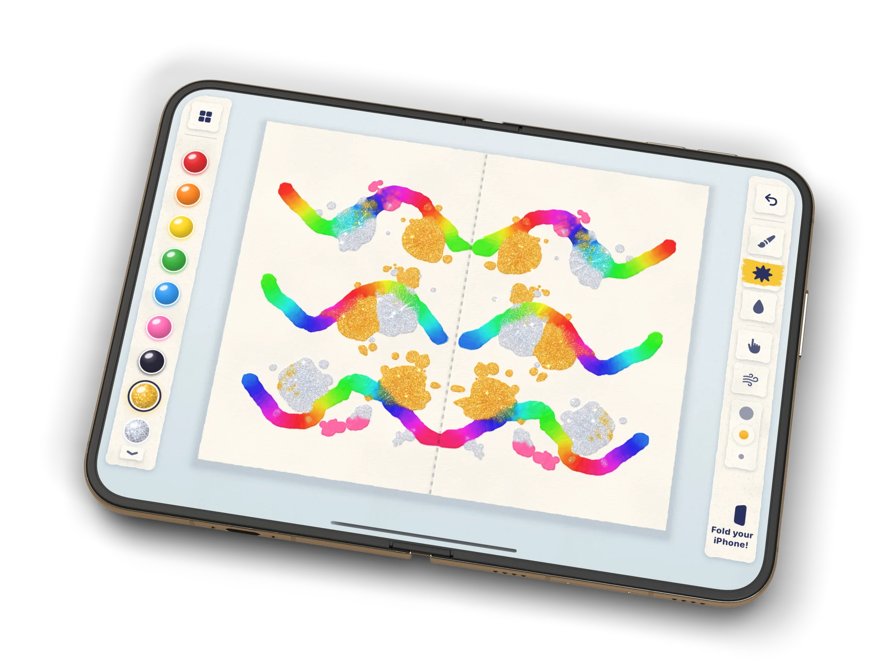 An open iPhone Duo showing a glittery rainbow print in Fold & Squish.