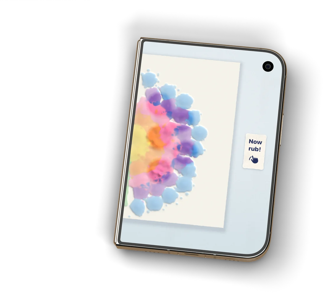 A closed iPhone Duo, with the squished painting showing through the paper on its outside screen.