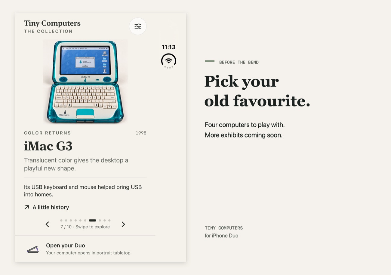 App Store screenshot: collection card before bending the phone, captioned Pick your old favourite